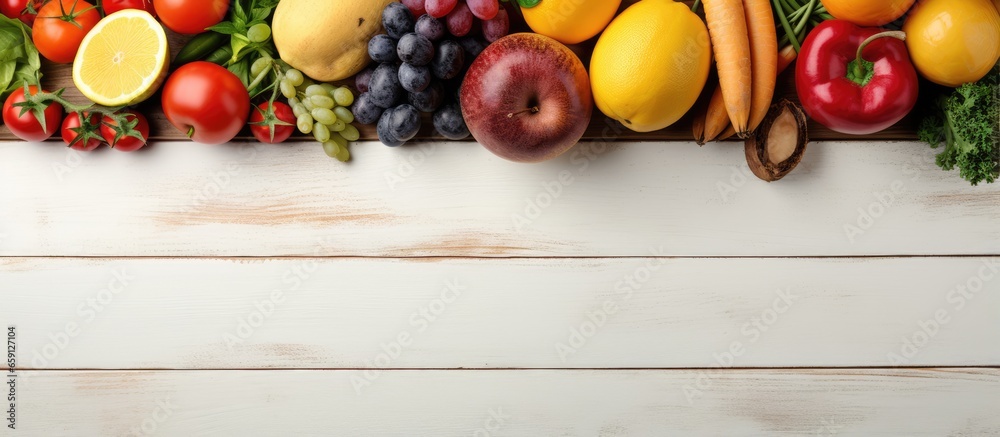 Fruits and vegetables in cardboard box on white wooden background Flat Lay Copy Space Food delivery