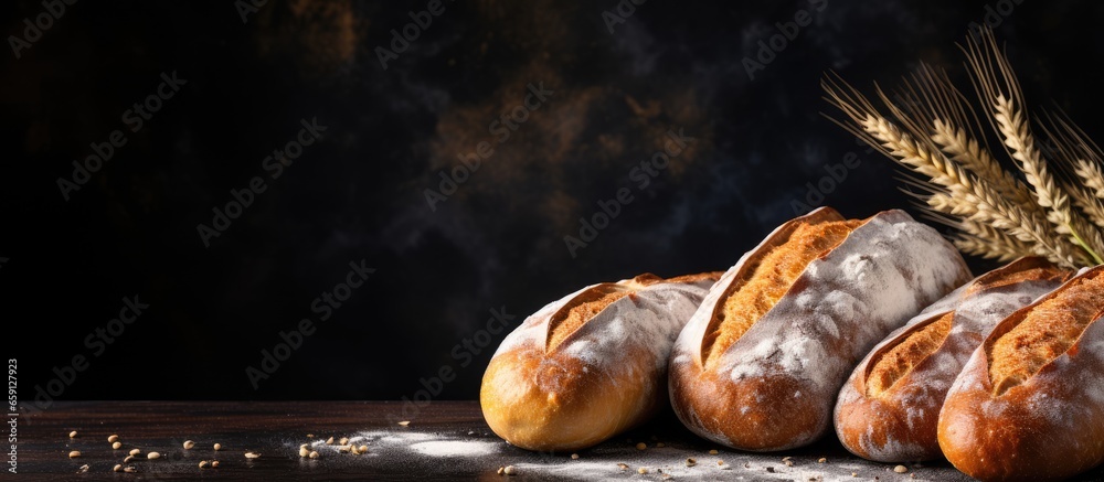 Country style bread or French baguette wheat and flour on blackboard Rural kitchen or bakery background with space for text