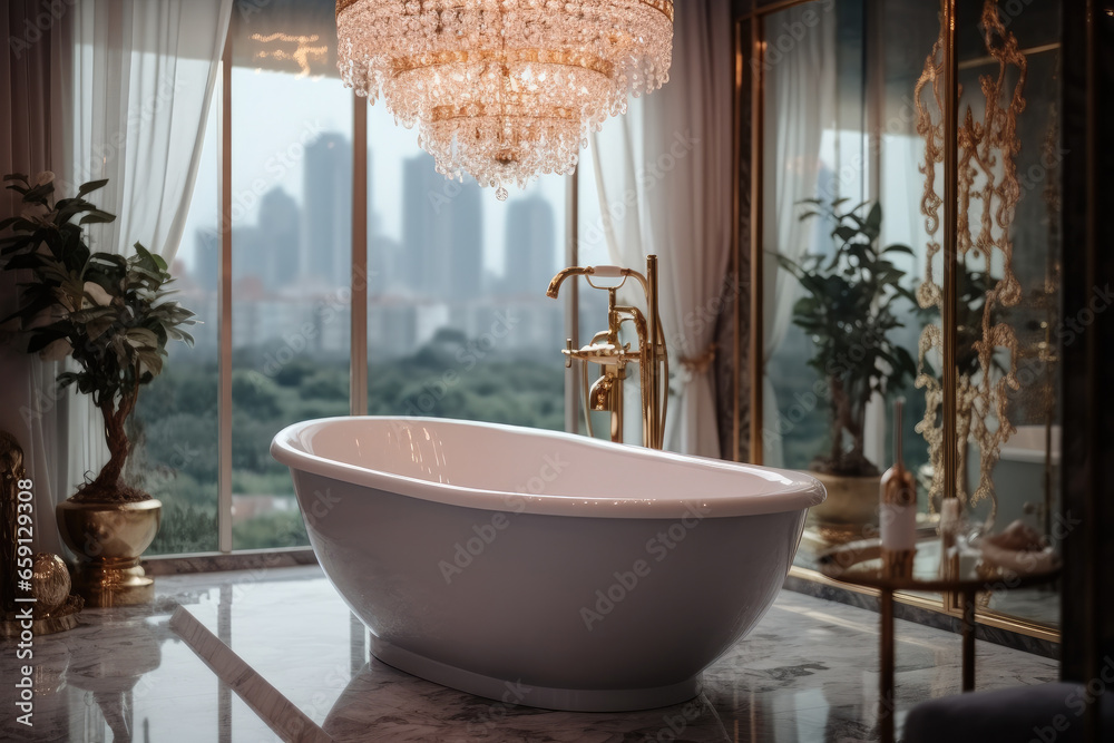 Modern decoration of the bathroom with a bathtub in the bathroom, High-end indoor chandeliers.