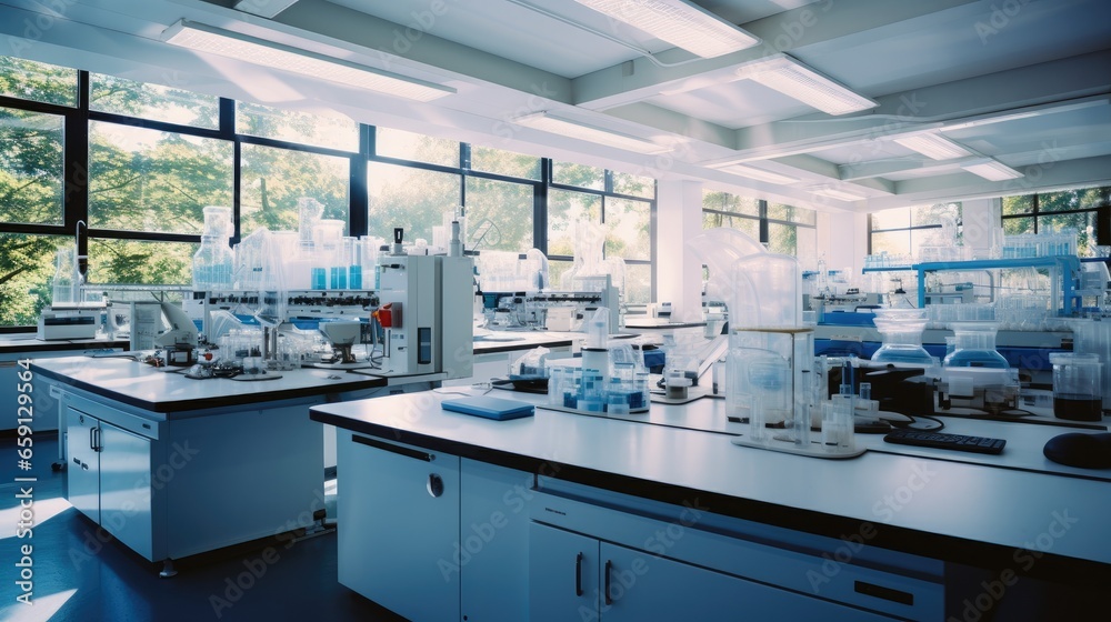 Science laboratory, Research desks, Medical test machine on counter in hospital.