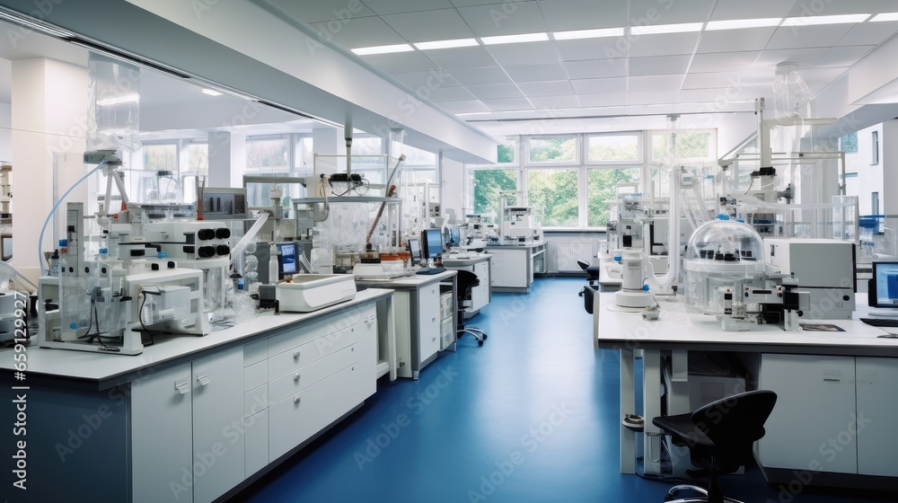 Science laboratory, Research desks, Medical test machine on counter in hospital.