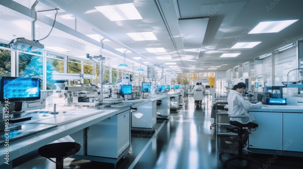 Science laboratory, Research desks, Medical test machine on counter in hospital.