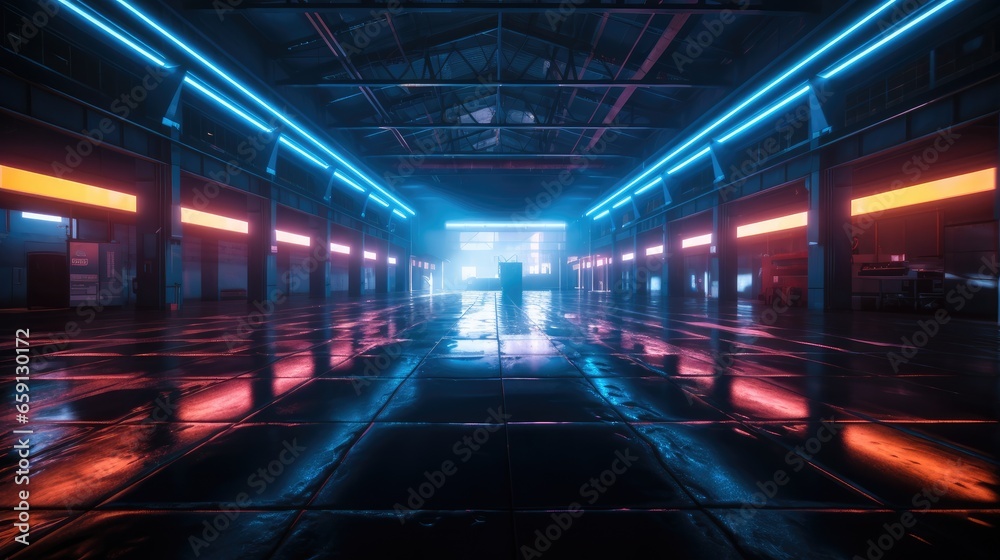 Neon lights in a big dark empty warehouse.