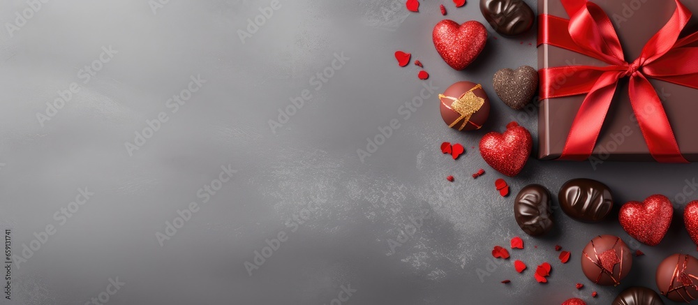 Top down view of a romantic Valentine s card with red chocolate heart shaped treats and a gift on a gray background offering room for your messages