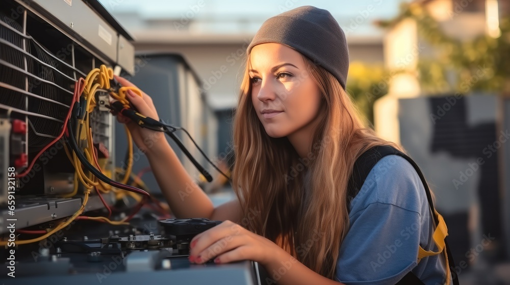 Air conditioner repairwomen work on home unit.