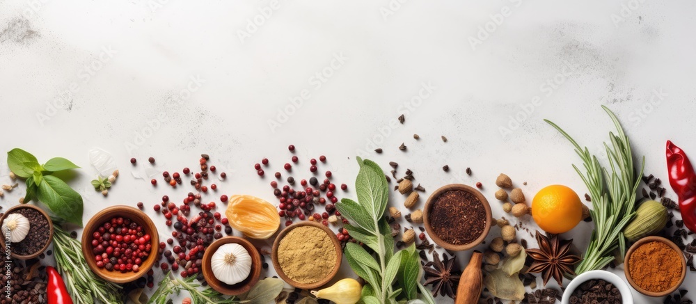 Text space on white kitchen table background for colorful cooking herbs and spices