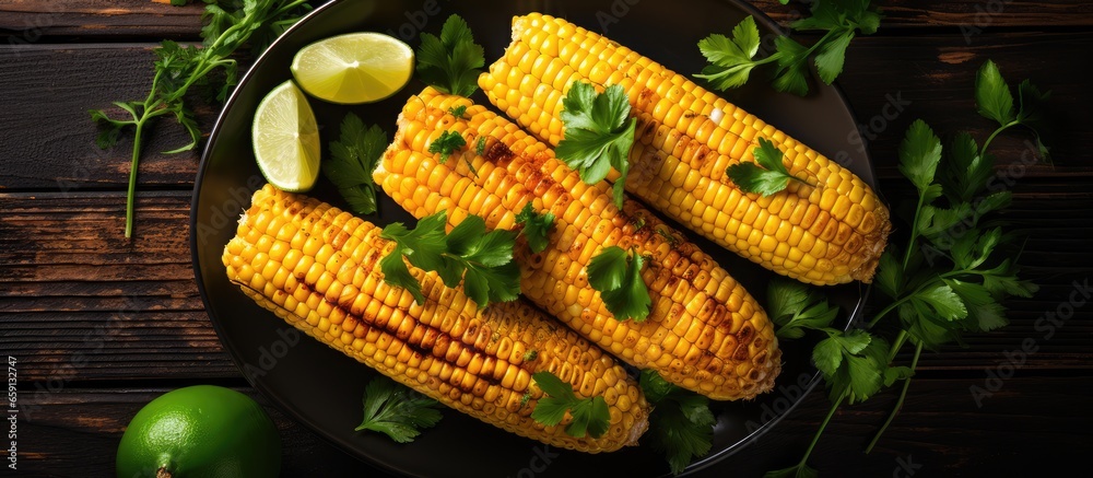 Grilled vegan sweetcorn with lime coriander and plate background