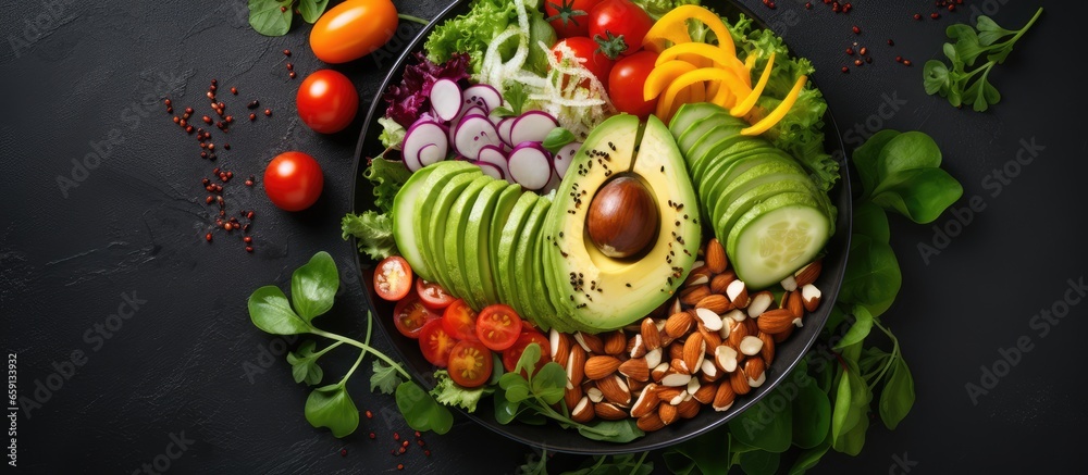 Vegan bowl with fresh veggies nuts and pomegranate Top view