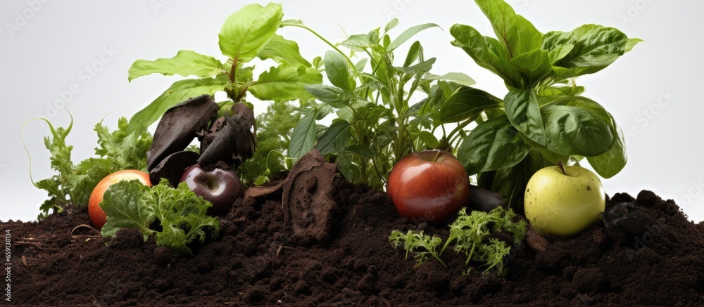 Rotting kitchen scraps and vegetable waste compost to fertilize soil and nourish young plants