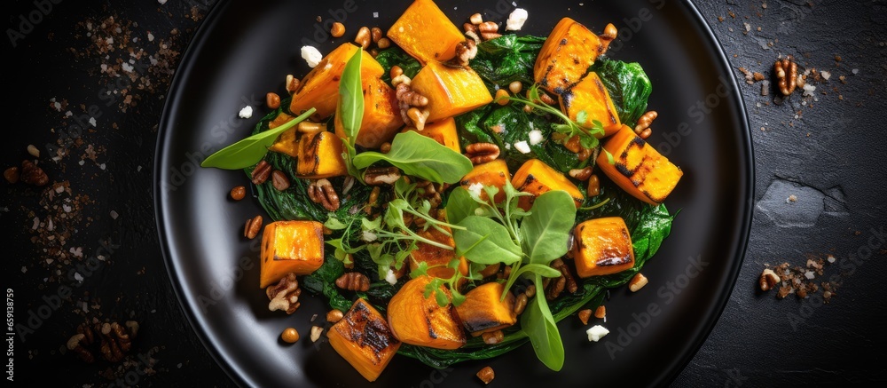 Top view of a pumpkin salad on a black plate with spinach and walnuts placed on a stone backdrop