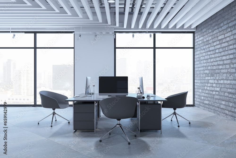 Modern coworking office interior with furniture, windows and city view. Empty room. 3D Rendering.