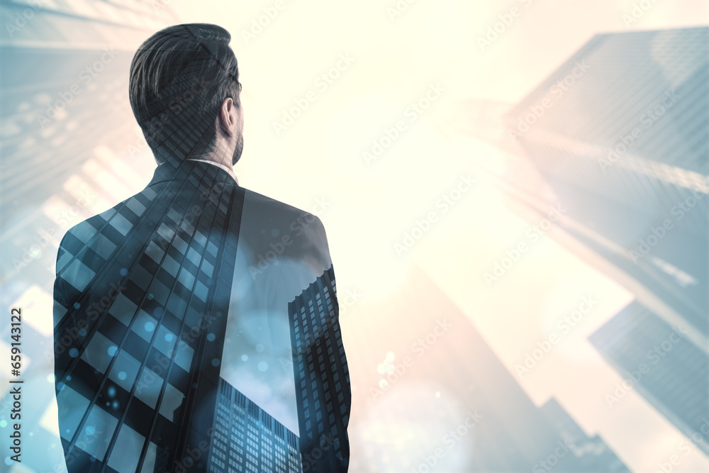 Young man standing on white bright city background with mock up place. Future, success and career concept. Double exposure.