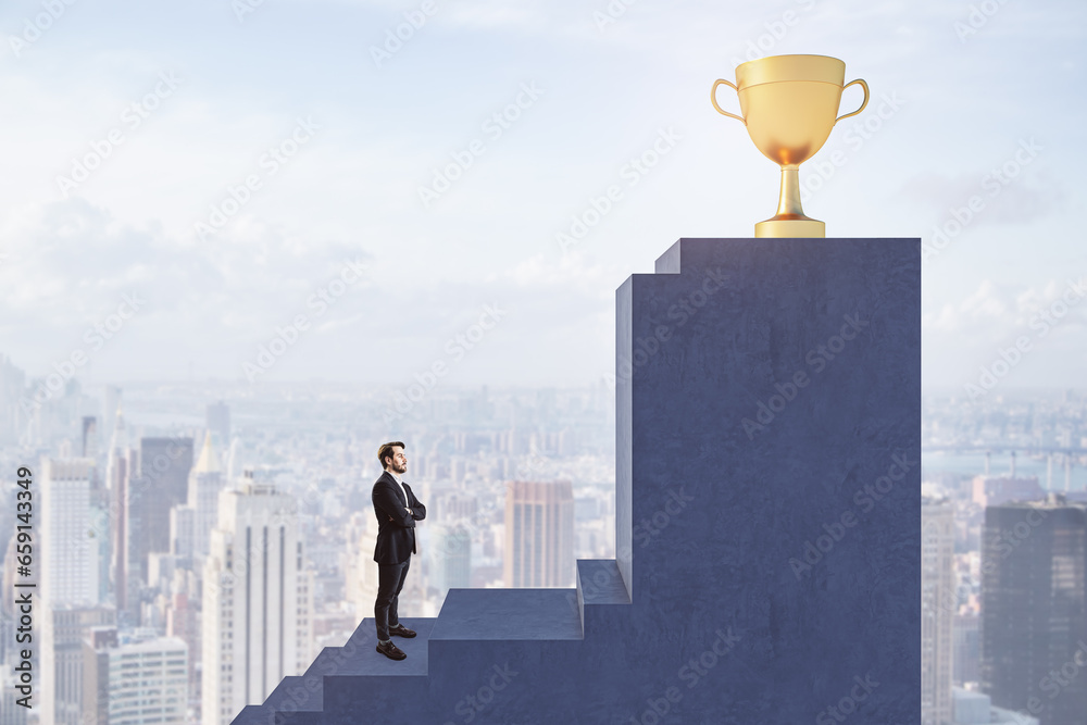 Side view of young european businessman climbing stairs to golden winners cup with obstacle on blurry city background. Success and career growth concept.