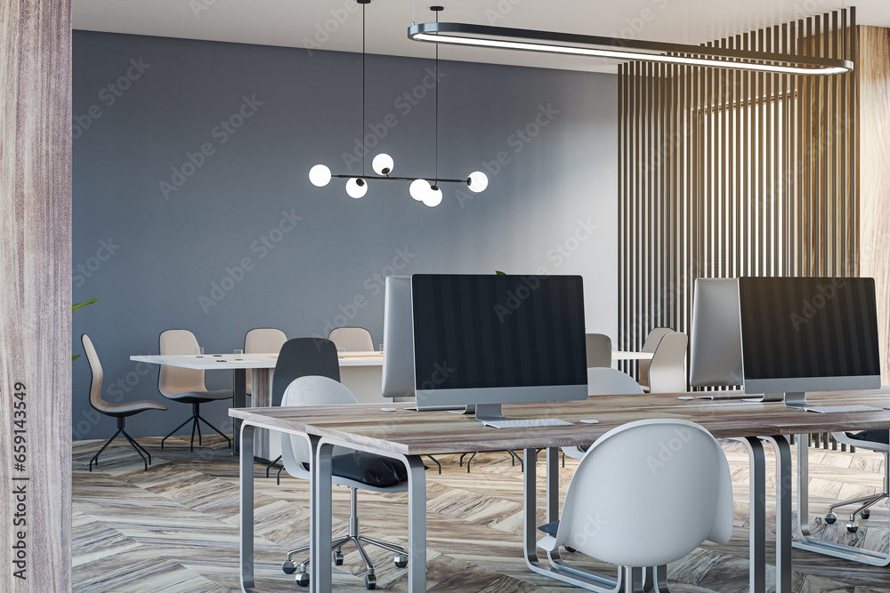 Bright coworking office interior with furniture and equipment, window and city view. 3D Rendering.