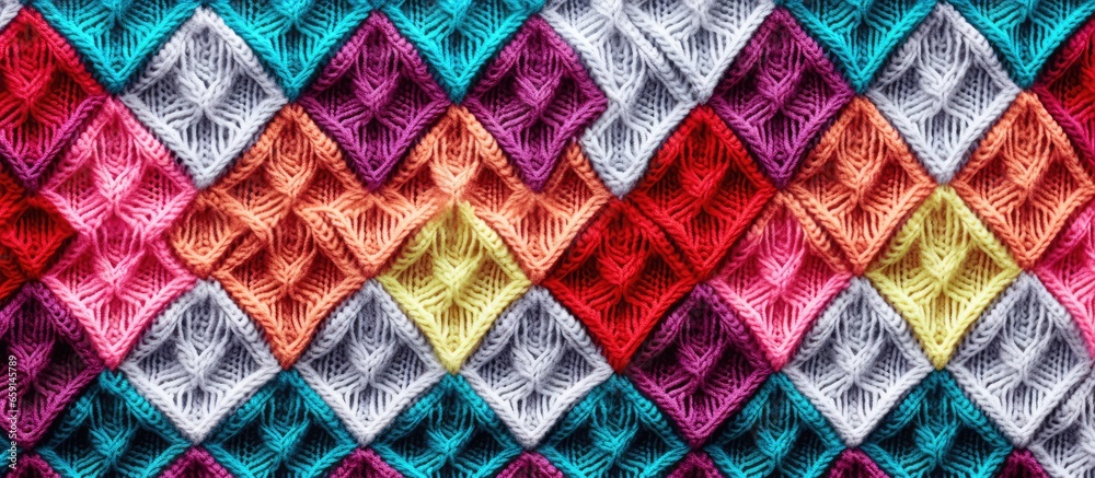 Multi colored yarn is used to crochet a repeating pattern of rhombuses creating a seamless geometric texture