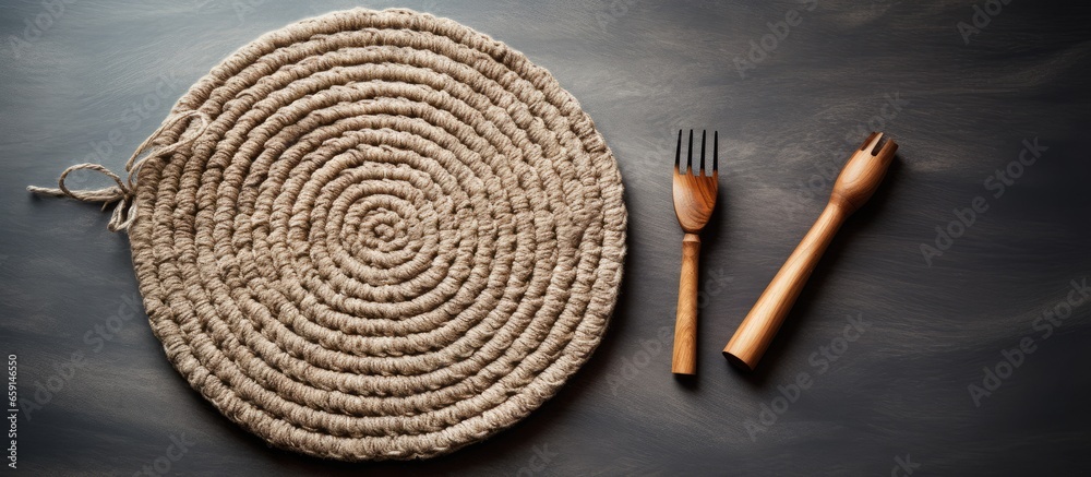 Jute napkin and crochet hook on gray background representing needlework hobby