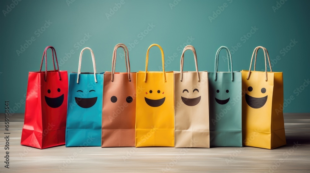 Hands holding multiple shopping bags with big smiles on faces