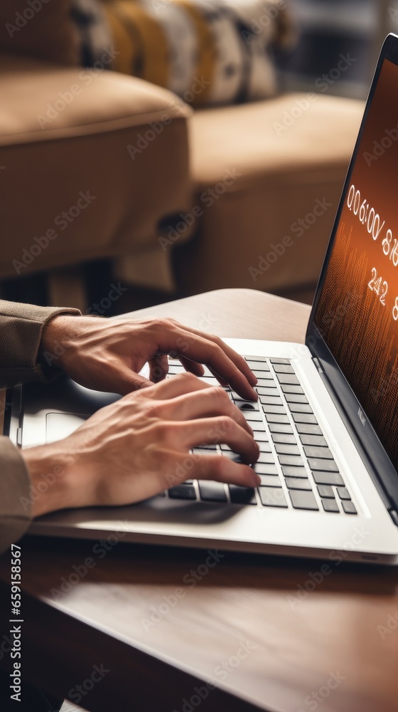 Close-up of hands typing on a laptop with discounts displayed