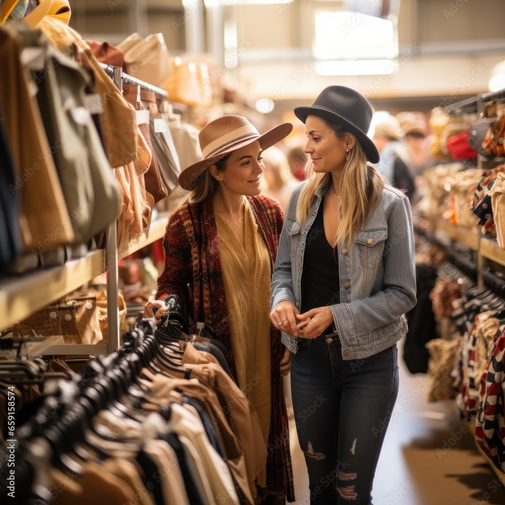 Shoppers browsing through clothes racks and shelves in a store