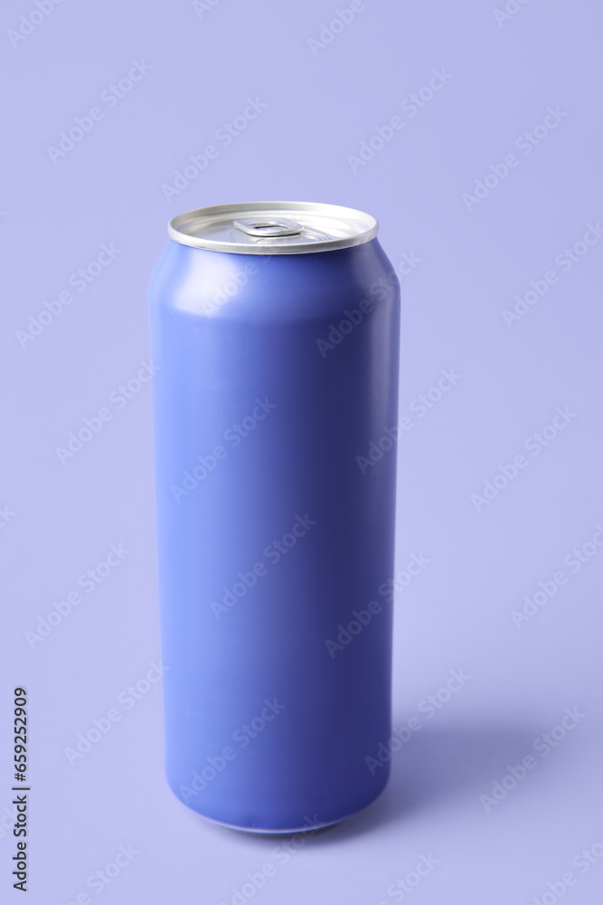 Can of fresh soda on lilac background