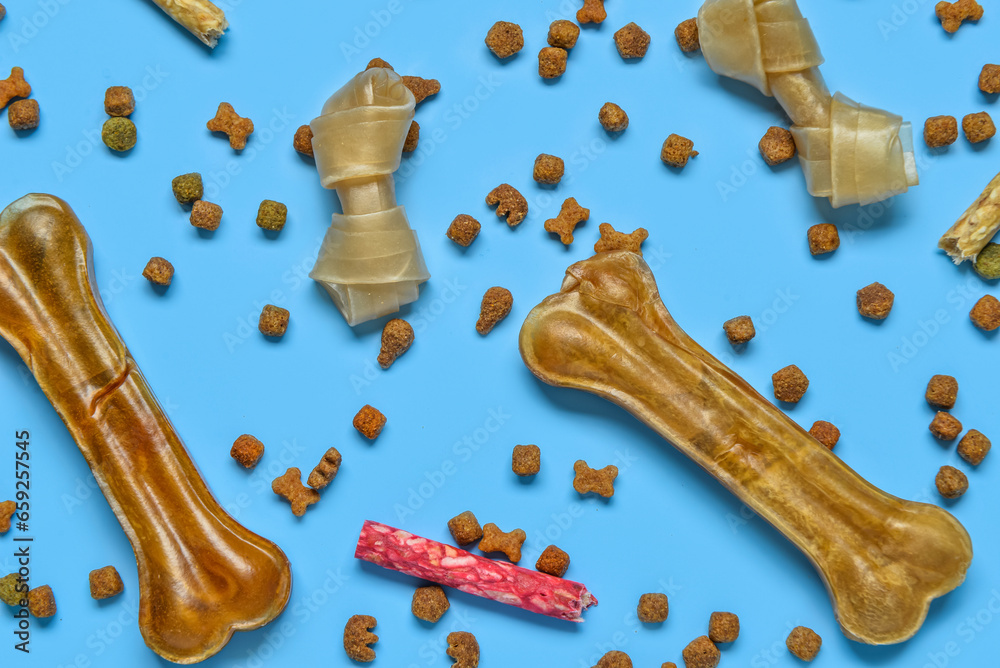 Composition with different dog treats on blue background