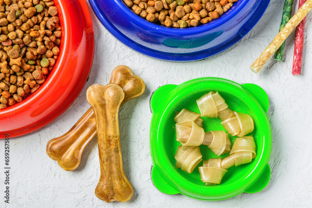 Bowls with dry dog food and treats on light background, closeup