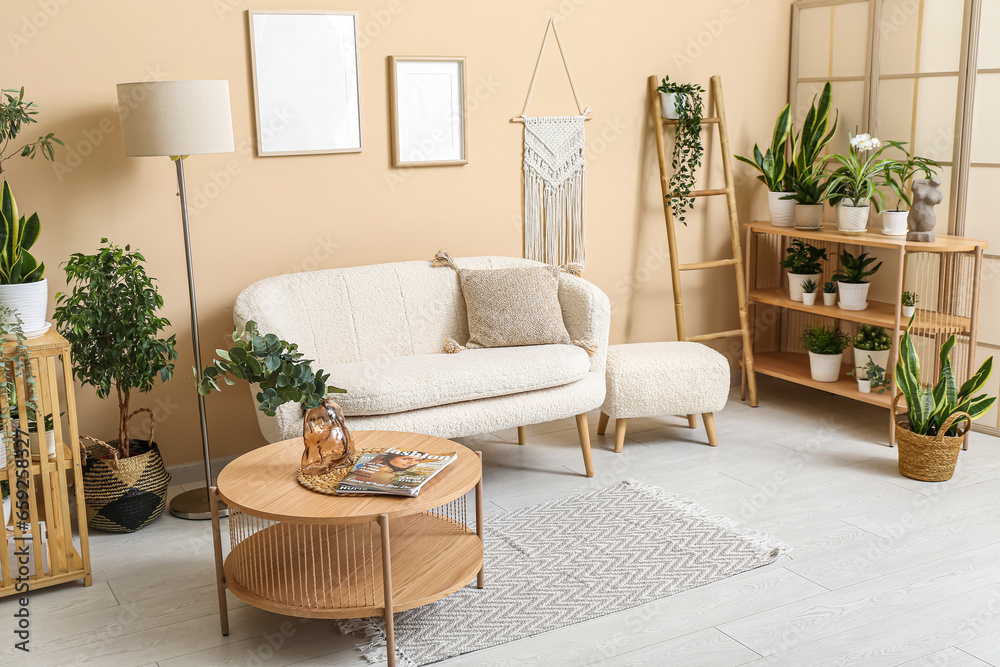 Interior of living room with white sofa, coffee table and houseplants