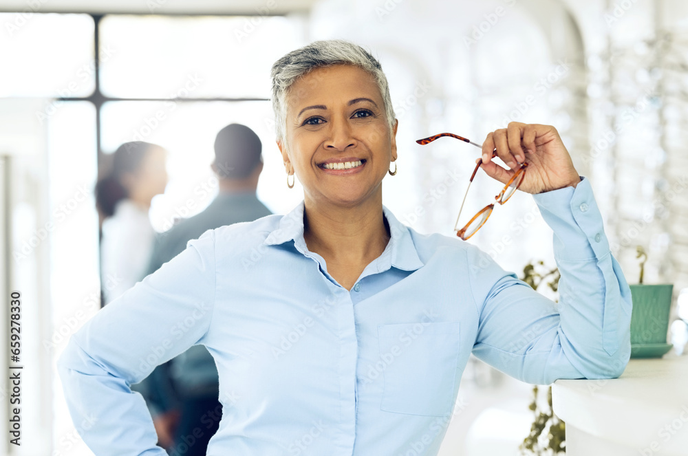 Shop portrait, optometrist and happy woman with eyeglasses for optical healthcare, eyesight support and prescription. Optometry, vision glasses and expert job experience, career smile or confidence