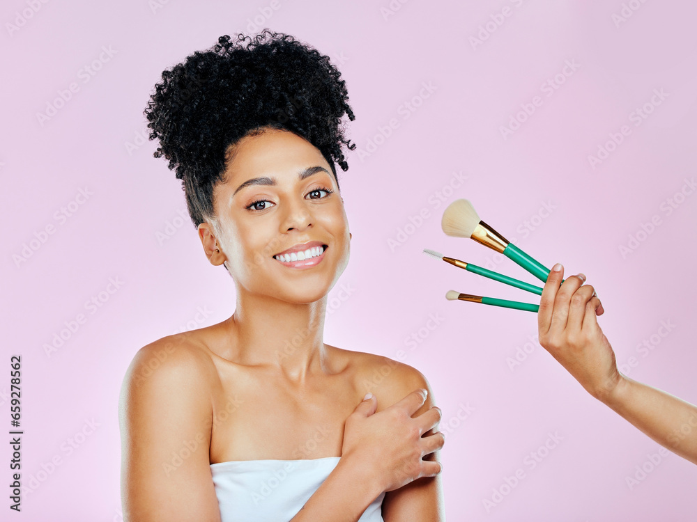 Makeup brush, smile and studio portrait of woman with tools choice for skincare glow, routine treatment or wellness self care. Beauty spa cosmetics, happiness and model makeover on pink background