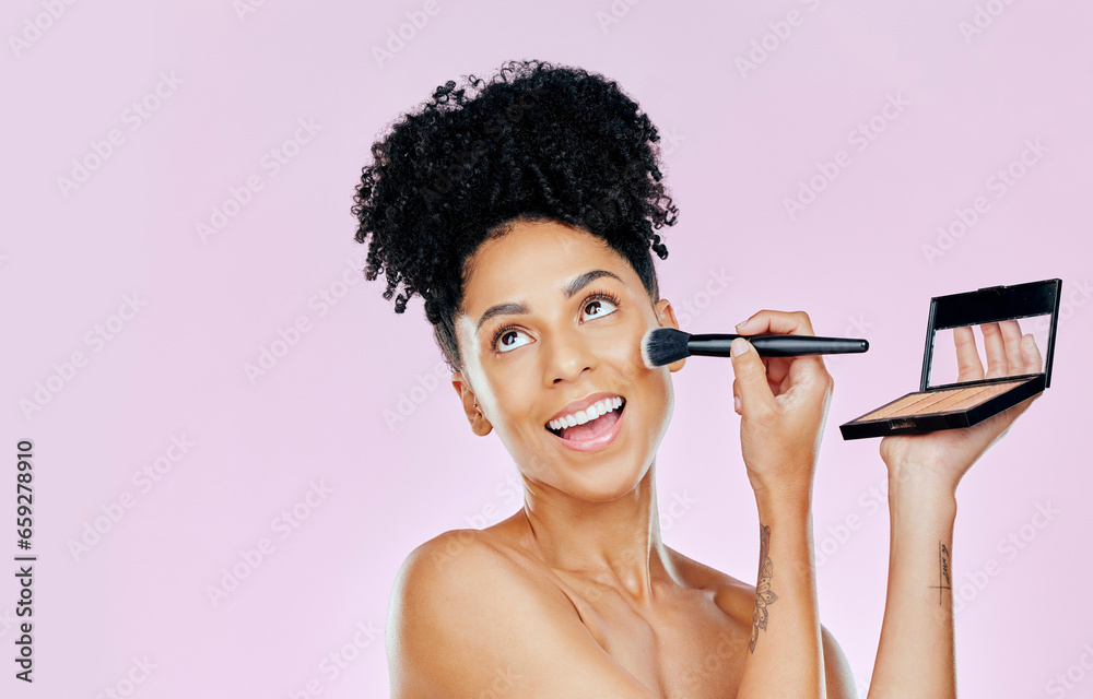 Makeup brush, foundation and studio face of happy woman with tools for skincare shine, powder application or makeover. Beauty face cosmetics, morning routine and spa person smile on pink background