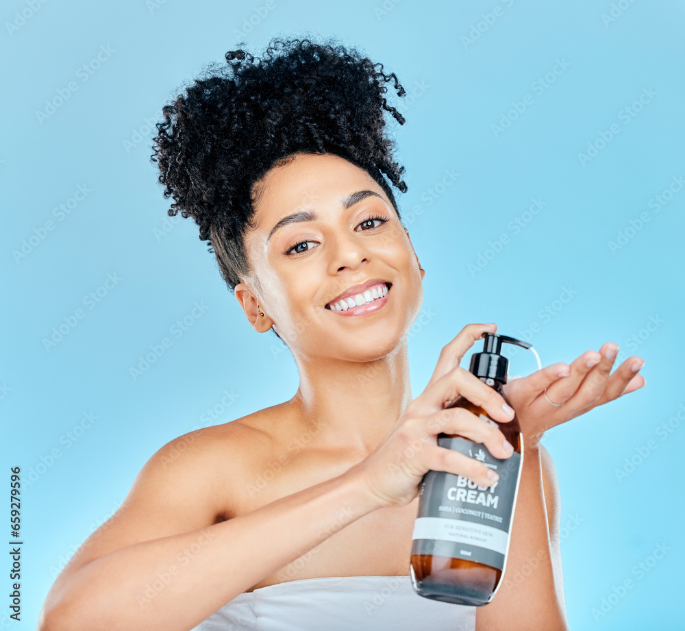 Skincare, portrait and happy woman with body cream bottle, container or product for self care, collagen or skin hydration. Morning routine, dermatology studio and salon girl smile on blue background