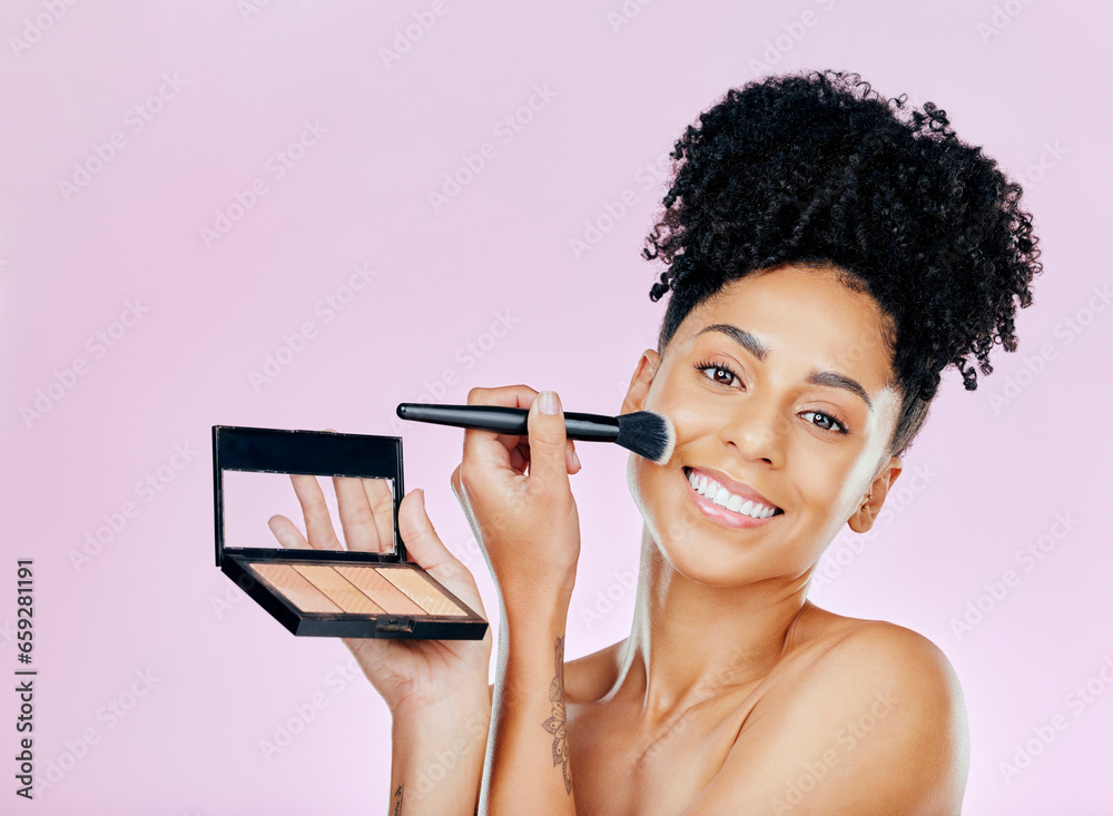 Makeup brush, palette and studio portrait of happy woman with tools, beauty product or cosmetics powder choice. Mirror, facial cosmetology treatment and face of dermatology person on pink background