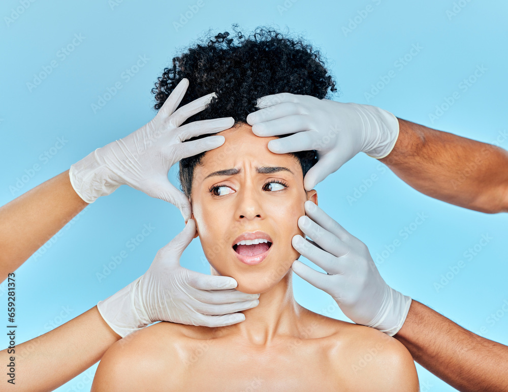 Plastic surgery, facial and scared woman with hands on face in studio for skincare consultation. Model with stress, fear and anxiety for beauty, dermatology or collagen therapy on blue background.