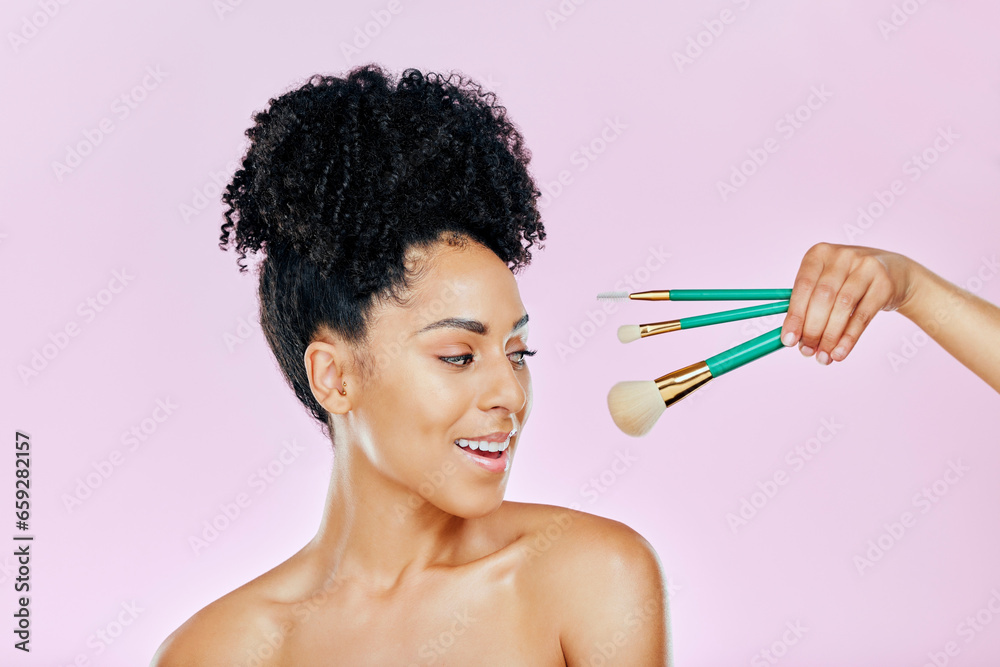 Makeup brush, happy and studio face of woman with tools for skincare glow, foundation product or wellness treatment. Beauty spa cosmetics, facial cosmetology and dermatology person on pink background