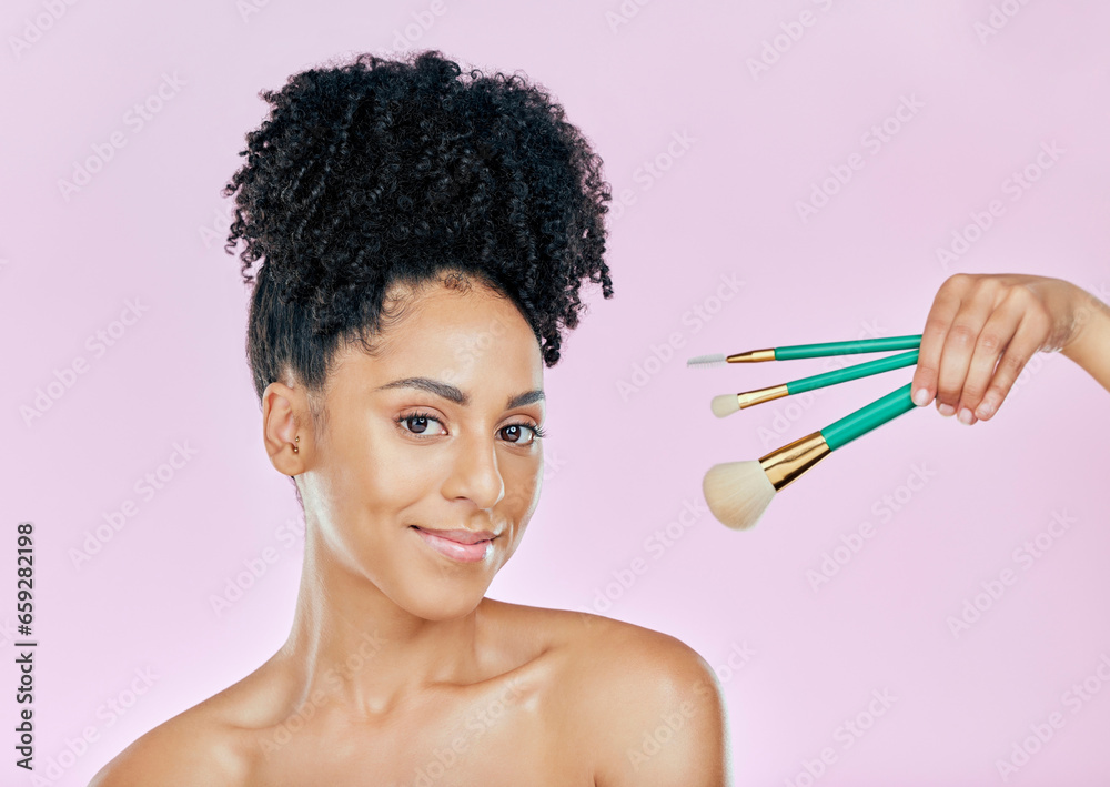 Makeup brush, happy and studio portrait of woman with tools for skincare shine, foundation application or wellness treatment. Beauty face cosmetics, facial cosmetology and person on pink background