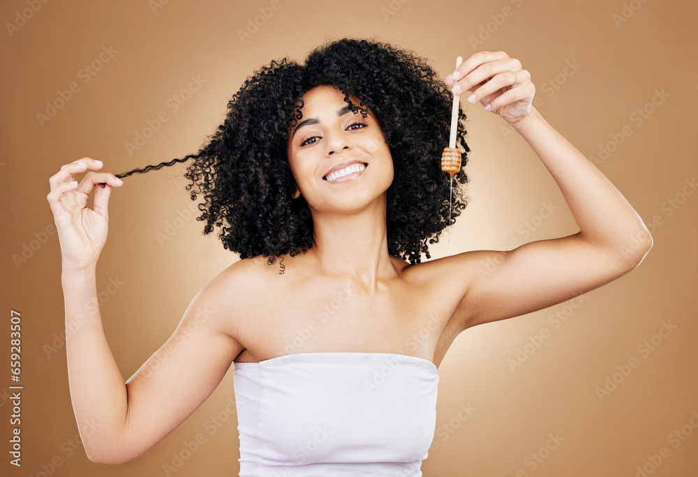 Honey, hair and beauty portrait of woman with natural, care and oil treatment on studio background with happiness. Happy, African hairdresser and haircare product with moisture and sugar benefits