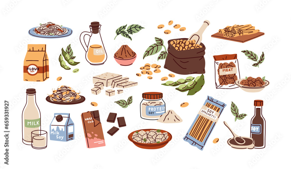 Soy products set. Soya protein food. Tofu, beans, alternative milk, vegetarian meat. Vegan cheese, chocolate, soybeans, sprouts, tempe. Flat graphic vector illustrations isolated on white background