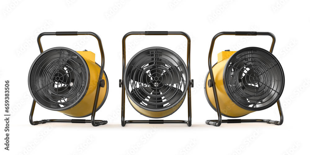 Three industrial electric fan heaters on white background, front view