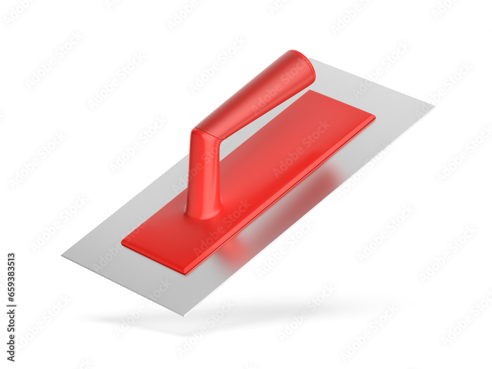 Plastering trowel with red plastic handle on a white background