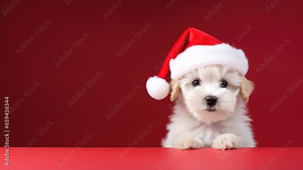 cute dog in santas hat with gift box