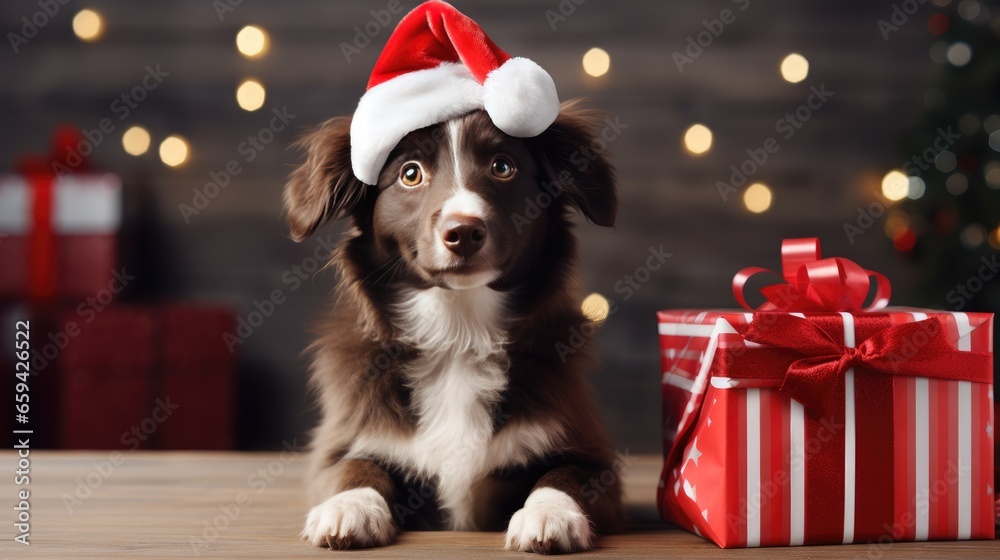 cute dog in santas hat with gift box