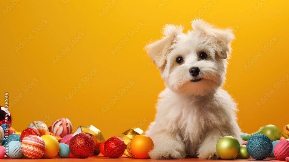 cute dog in santas hat with gift box