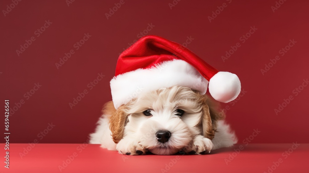 cute dog in santas hat with gift box