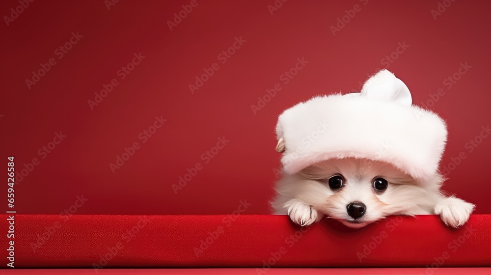 cute dog in santas hat with gift box