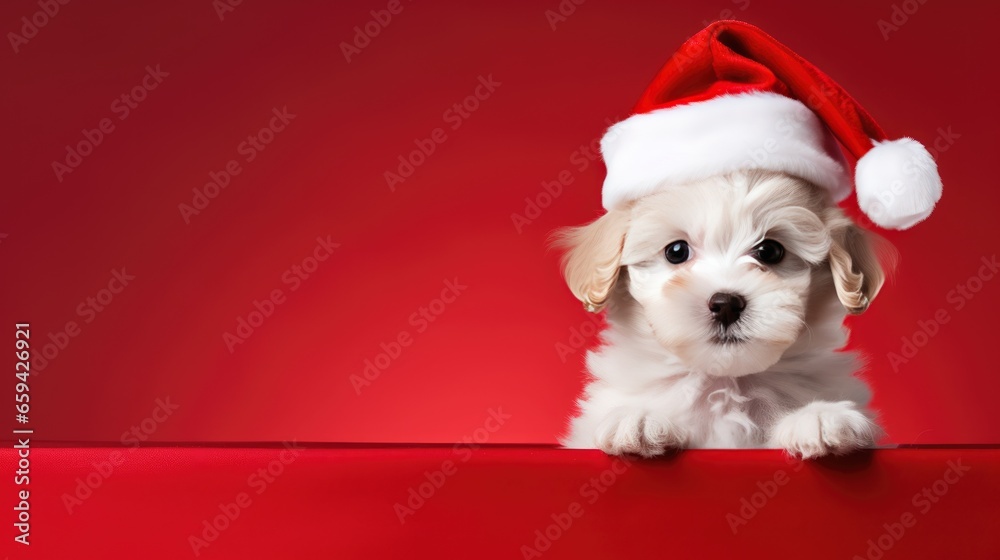 cute dog in santas hat with gift box