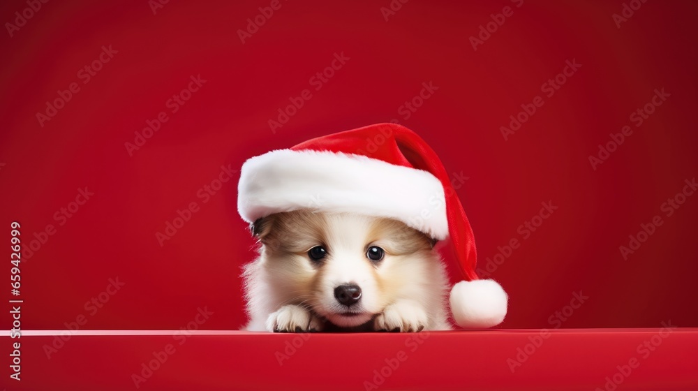 cute dog in santas hat with gift box