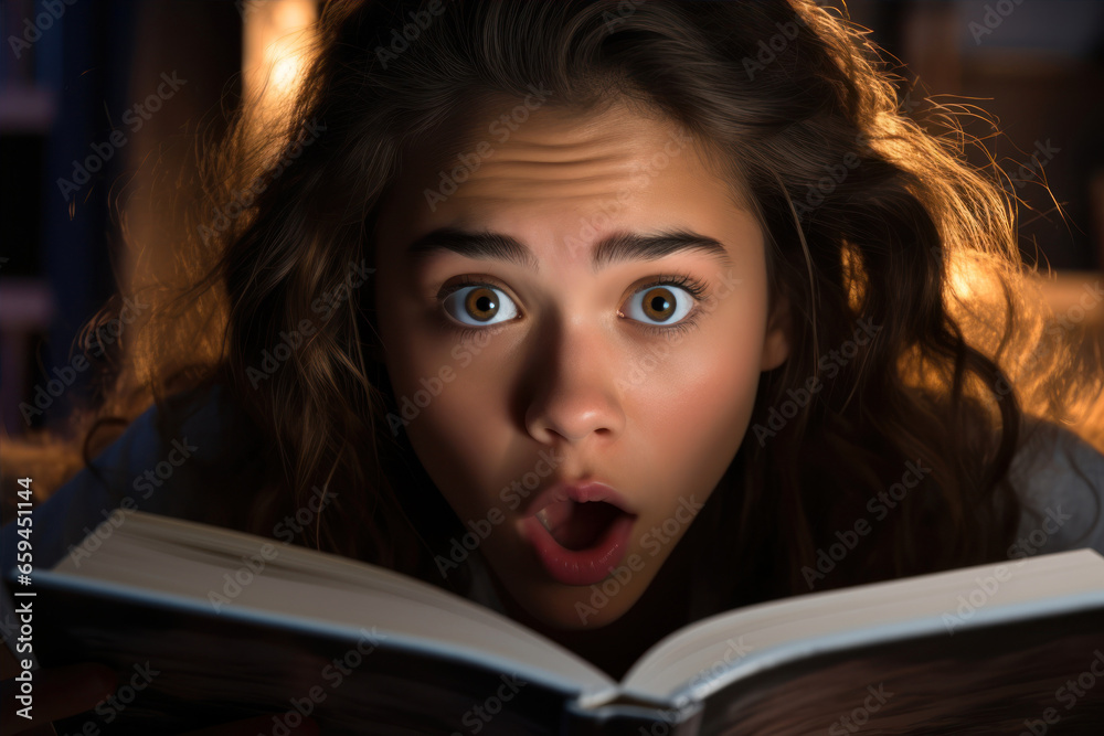 Surprised young woman reading book in library at night. Portrait of shocked girl looking at camera.