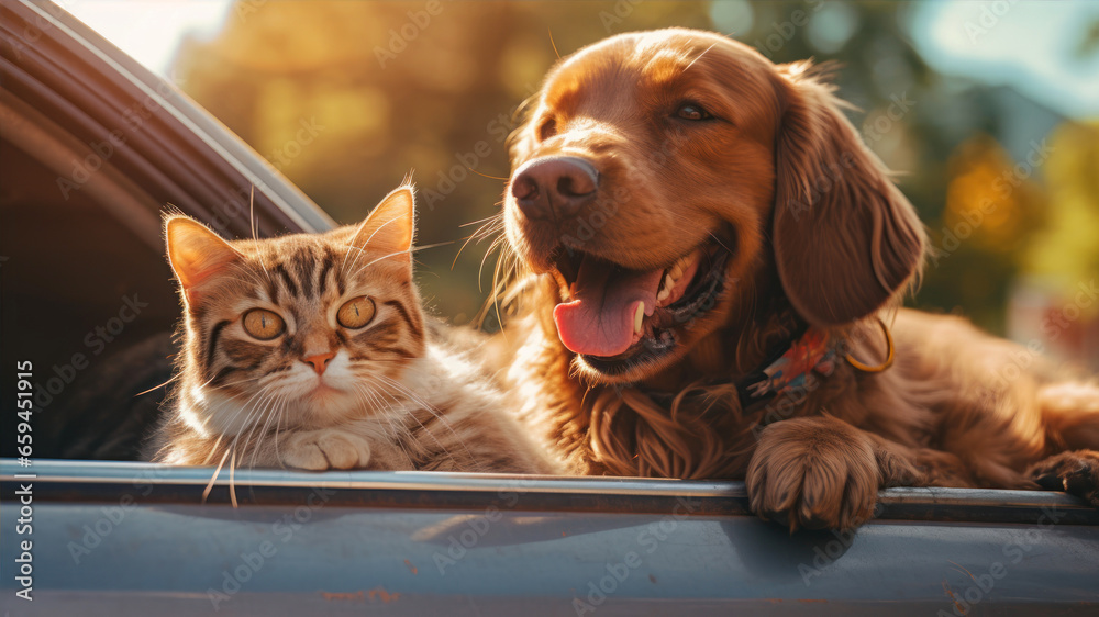 Cat and dog in car. Pet and dog in the car.