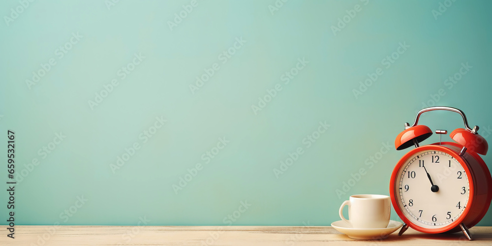 Vintage alarm clock and cup of coffee on the uniform pastel backdrop with a copy space. Generative AI