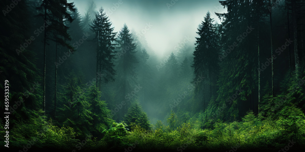 Misty mountain landscape with fir forest in vintage retro style. Generative AI